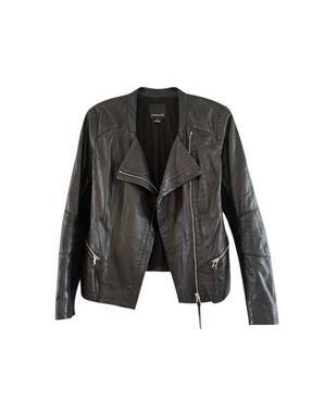 Trouvé XS Black Leather Moto Jacket Stretch Knit Panels Asymmetrical Zip